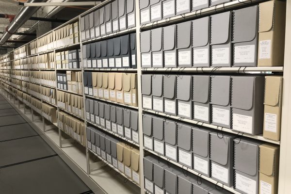 Rows of archival boxes at the State Archive Preservation Facility in Madison