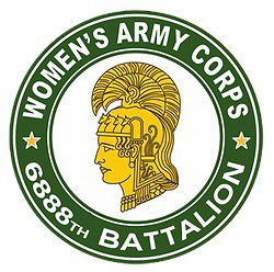 Green and yellow badge with Athena centered. Text of Women's Army Corps and 6888th Battalion encircle her.