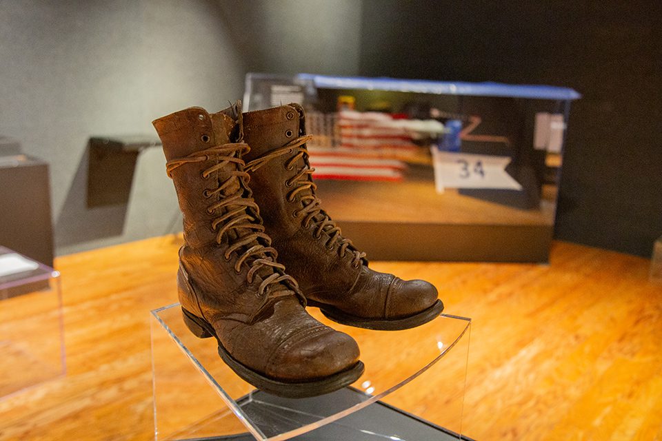 Martin F. Gutekunst, of Milwaukee, wore these jump boots when he landed with the initial assault on Utah Beach in Normandy on D-Day.  He served as a radioman for a demolition team with the Navy’s 2nd Beach Battalion Leather jump boots, WWII in D-Day exhibit.